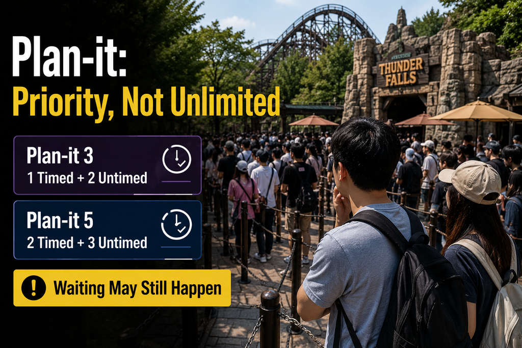 Theme park visitors waiting for a popular attraction while considering Everland Plan-it priority access