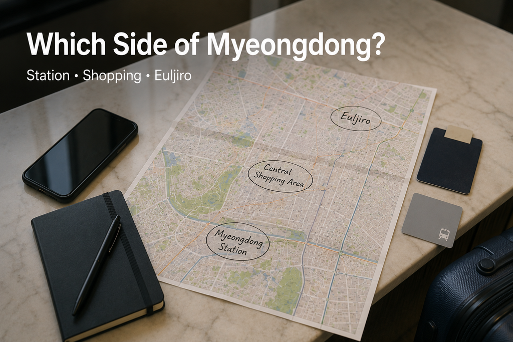 Myeongdong hotel location zones comparing Myeongdong Station, shopping streets and the Euljiro side