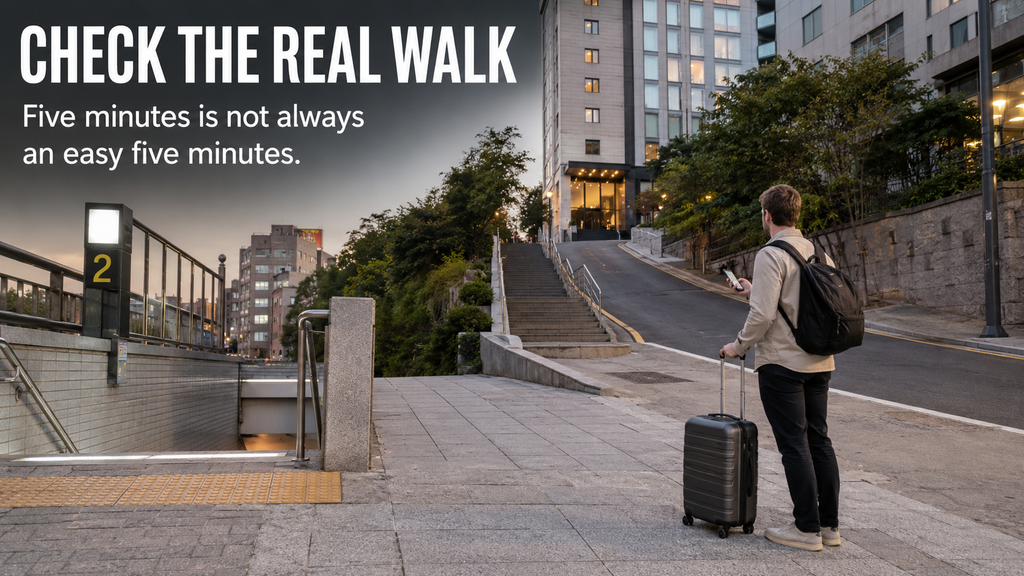 Traveler checking the walking route from a Seoul subway station to a hotel with luggage