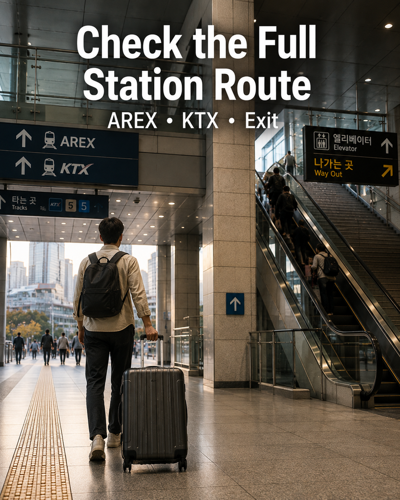 Seoul Station hotel luggage route from AREX and KTX platforms through station exits