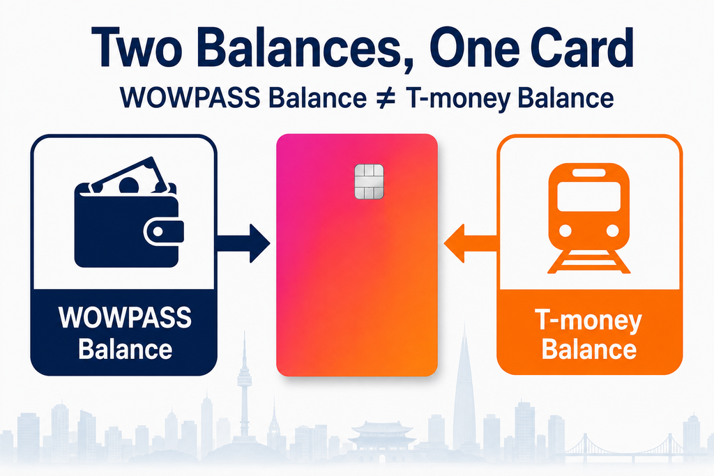 WOWPASS balance and T-money balance are separate on one WOWPASS card