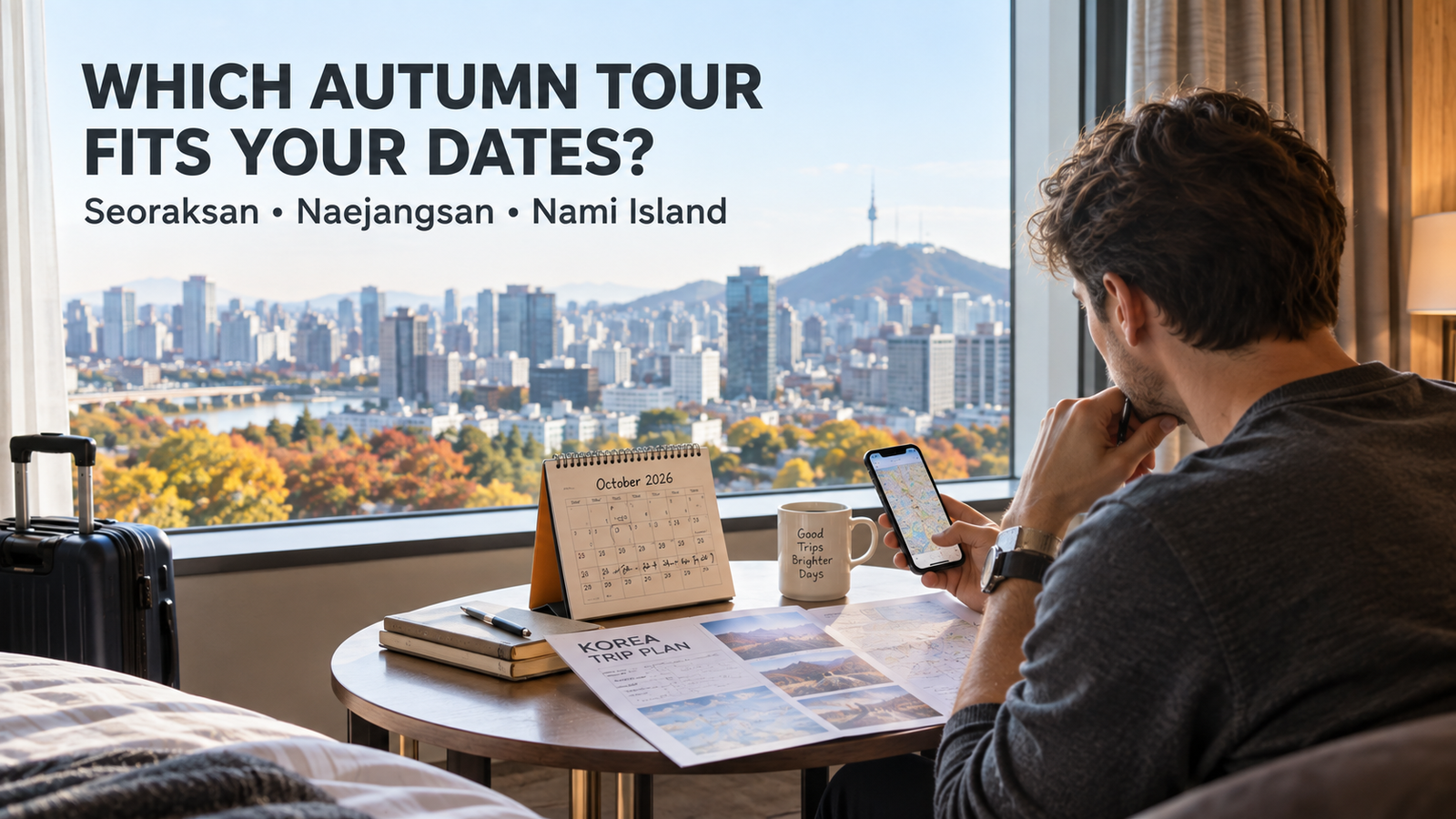 Traveler choosing between Korea autumn foliage tours from Seoul in 2026, including Seoraksan, Naejangsan and Nami Island