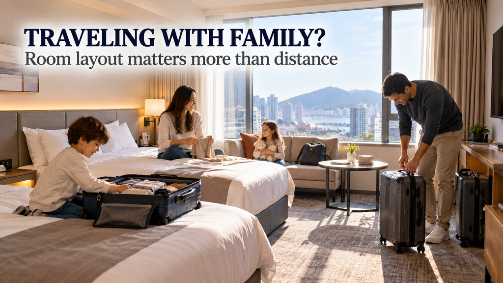 Family travelers checking a practical hotel room near Busan Station with luggage and flexible sleeping space