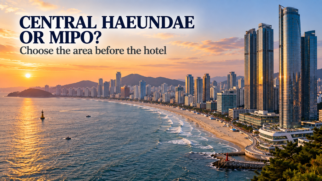 View from the Mipo side of Haeundae Beach toward central Haeundae and the beachfront skyline in Busan