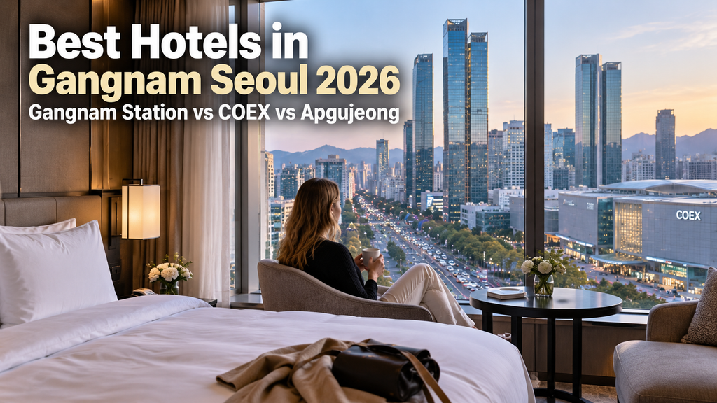 Western travelers in Gangnam Seoul deciding between Gangnam Station, COEX and Apgujeong hotel areas