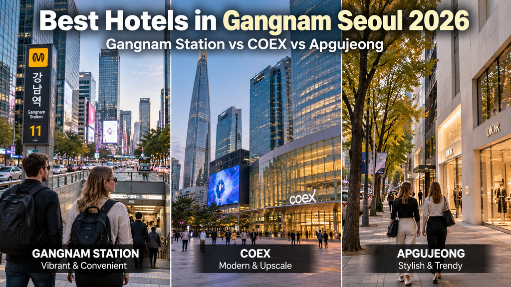 Western travelers checking usable hotel room space in Gangnam Seoul with two large suitcases