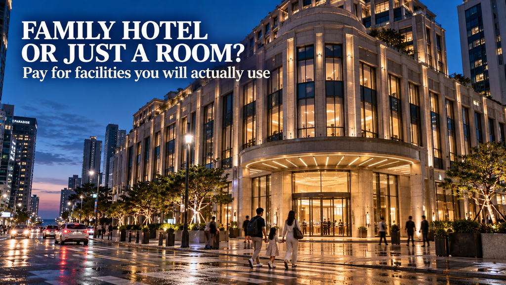 Luxury family hotel exterior in central Haeundae Busan at blue hour