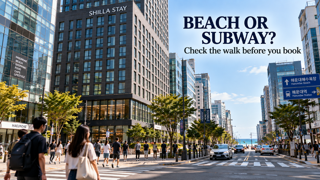 Urban street near a Haeundae hotel showing the walking environment between Haeundae Beach and subway access