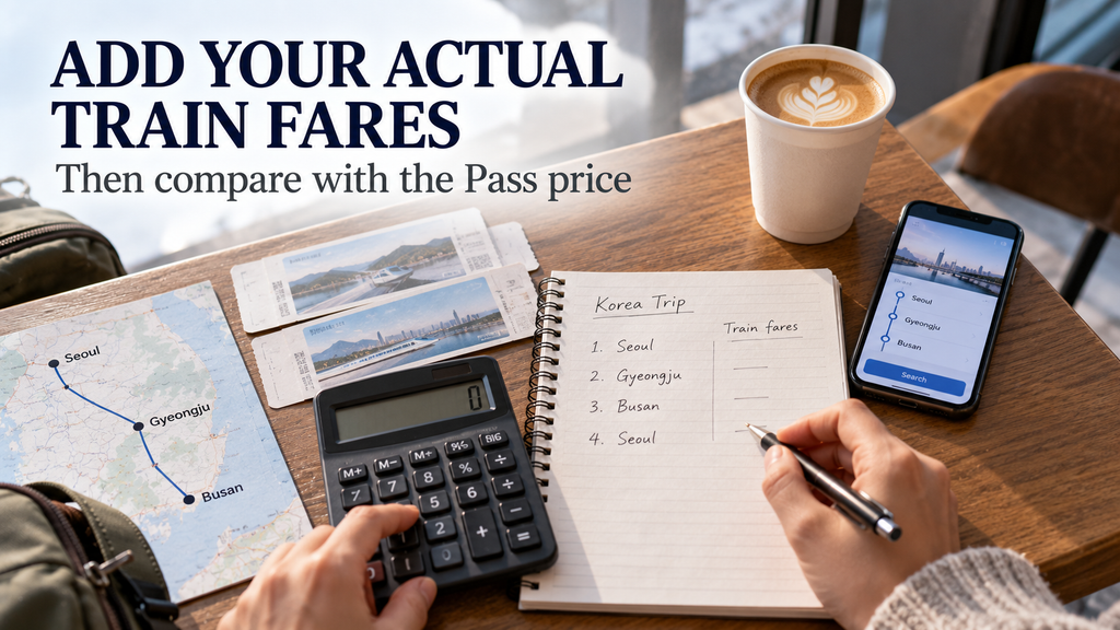 Traveler calculating Korean train fares before deciding whether a KORAIL Pass is worth buying