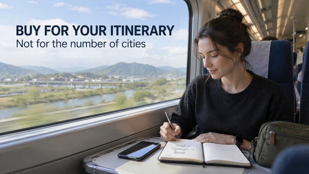 Traveler choosing between a KORAIL Pass and individual KTX tickets based on a Korea rail itinerary