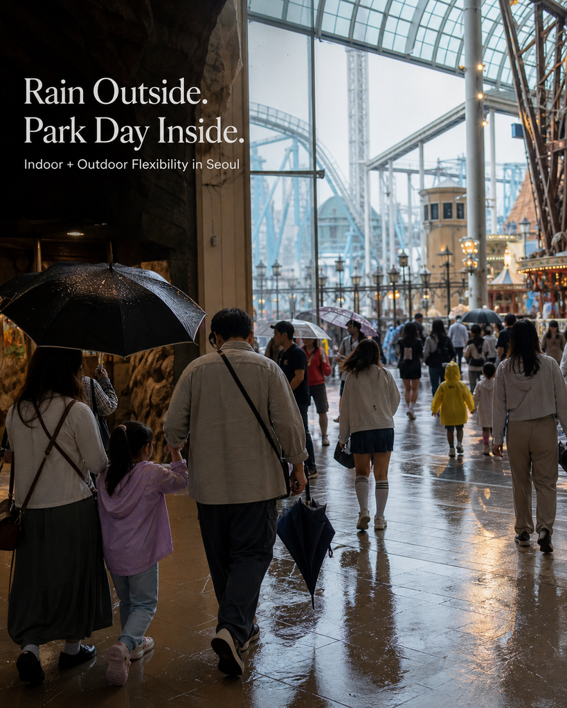 Lotte World indoor and outdoor theme park flexibility for rainy weather compared with Everland in 2026