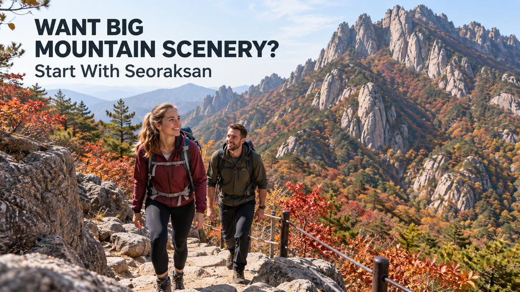 Travelers hiking beneath the granite peaks of Seoraksan during autumn foliage season in South Korea