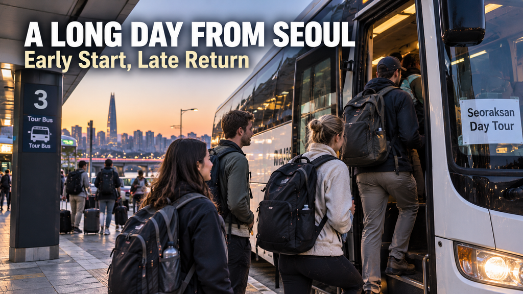 Western travelers arriving near Seoraksan after a long day trip from Seoul