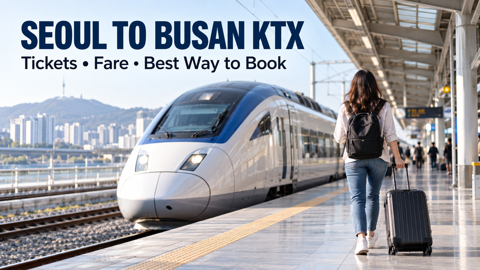 Traveler preparing to board a high-speed train for a Seoul to Busan KTX journey in Korea in 2026