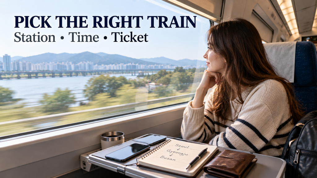 Traveler on a Seoul to Busan high-speed train after choosing the right departure station time and ticket