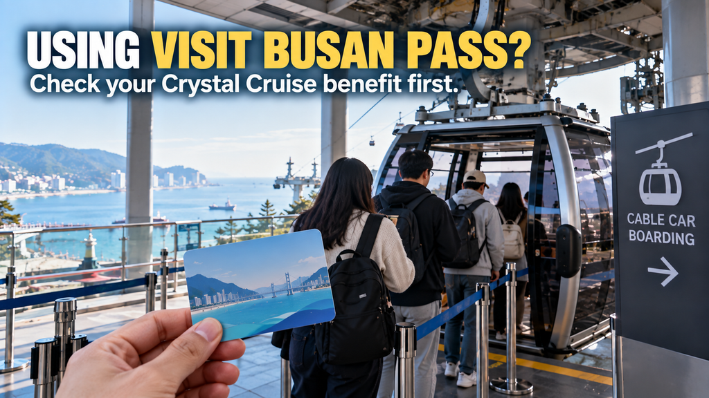 Travelers checking Visit Busan Pass before buying Songdo Cable Car Crystal Cruise tickets