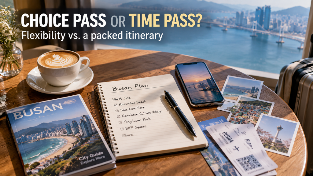 Busan trip planning scene comparing flexible attraction choices with a time-limited sightseeing pass