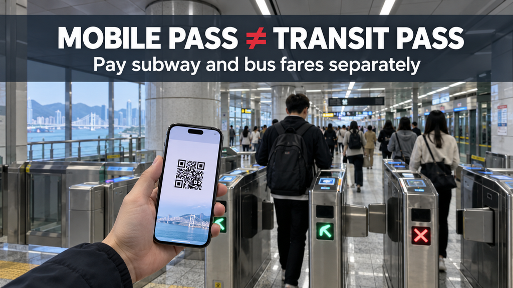 Traveler using a mobile attraction pass near Busan subway gates while transit fares are paid separately