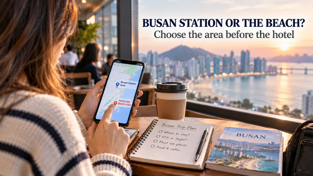 Traveler comparing Busan Station and the Haeundae area before choosing where to stay in Busan